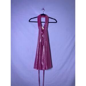 Lucy in the Sky Metallic Hot Pink Halter Dress Lace Up at the Back Mini Small